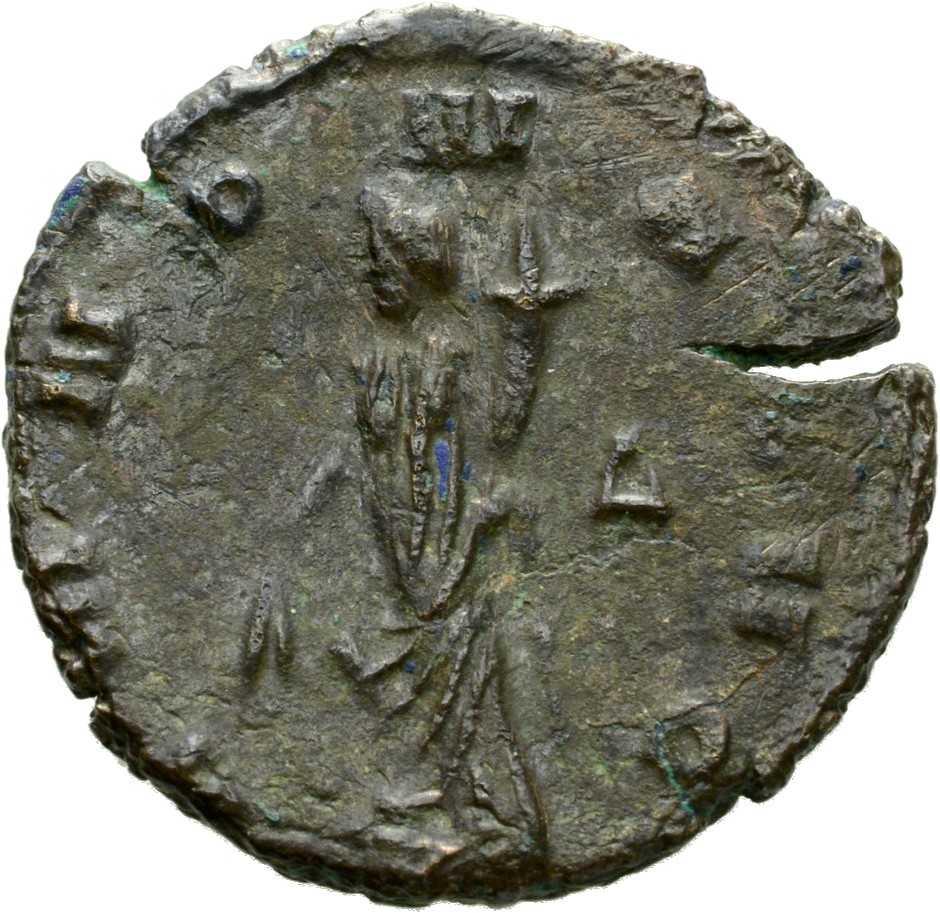 RIC V Claudius Gothicus 18 Claudius II Gothicus reverse, Annona, draped, standing left, foot on prow, holding corn-ears in...