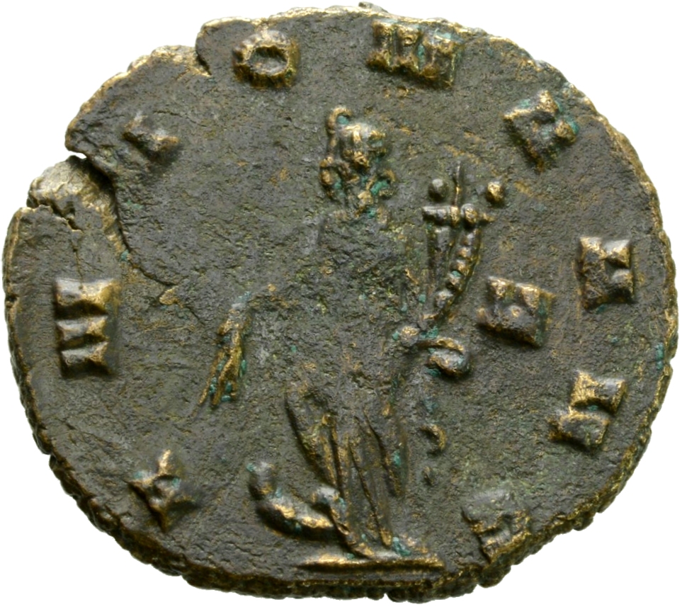 RIC V Claudius Gothicus 19 Claudius II Gothicus reverse, Annona, draped, standing left, foot on prow, holding corn-ears in...