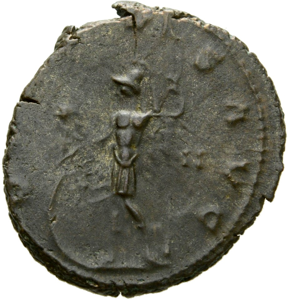 RIC V Claudius Gothicus 195 Claudius II Gothicus reverse, Soldier, helmeted, in military attire, standing left, leaning on...