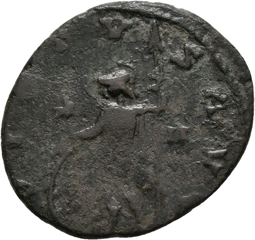 RIC V Claudius Gothicus 195 Claudius II Gothicus reverse — Soldier, helmeted, in military attire, standing left, leaning o...