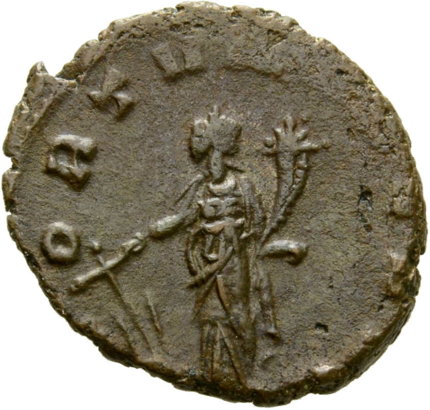RIC V Claudius Gothicus 209 Claudius II Gothicus reverse, Fortuna, draped, standing left, holding rudder in right hand and...