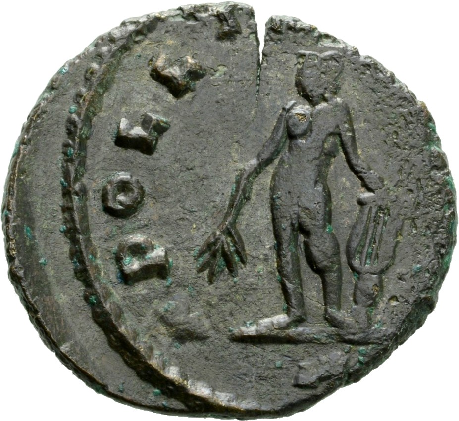 RIC V Claudius Gothicus 21 Claudius II Gothicus reverse, Apollo, standing left, holding laurel-branch in right hand and ly...