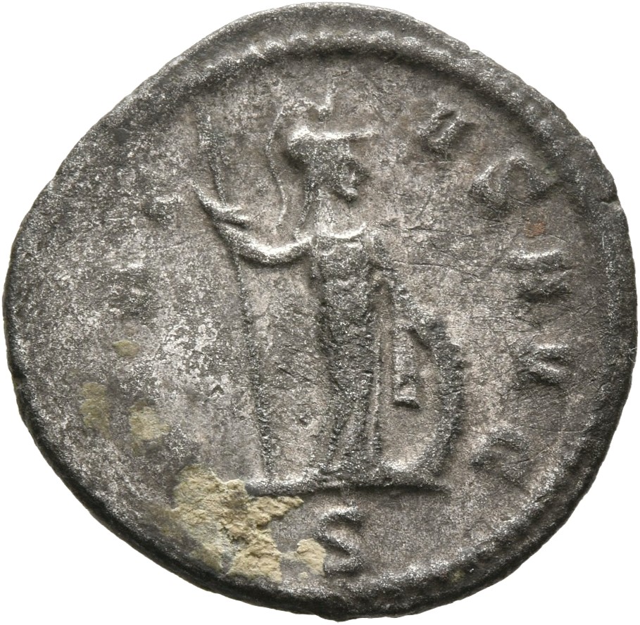 RIC V Claudius Gothicus 225 Claudius II Gothicus reverse, Minerva, helmeted, draped, standing right, resting right hand on...