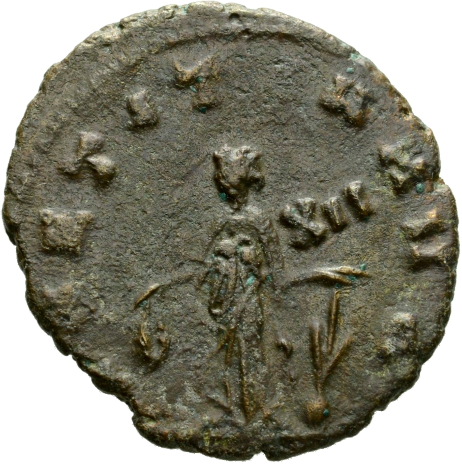 RIC V Claudius Gothicus 56 Claudius II Gothicus reverse, Laetitia, draped, standing left, holding wreath in right hand and...