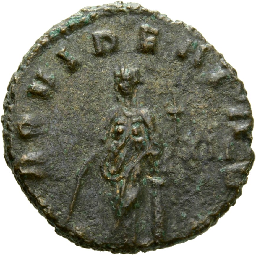 RIC V Claudius Gothicus 92 Claudius II Gothicus reverse, Providentia, draped, standing left, legs crossed, leaning on colu...