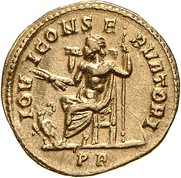 RIC V Diocletian 142a Maximian reverse, Jupiter, seated left, holding thunderbolt in right hand and sceptre in left hand; ...