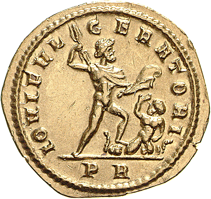 RIC V Diocletian 144 Maximian reverse, Jupiter, running right, holding thunderbolt in right hand and striking down Titan