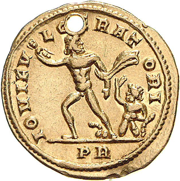 RIC V Diocletian 146 Maximian reverse — Jupiter, running left, holding thunderbolt in right hand and striking down Titan