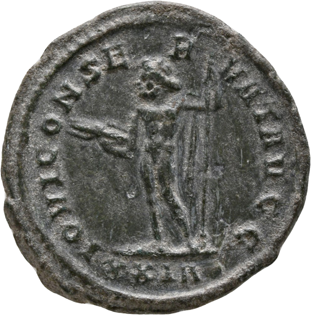 RIC V Diocletian 162 Maximian reverse — Jupiter, standing left, holding thunderbolt in right hand and sceptre in left hand