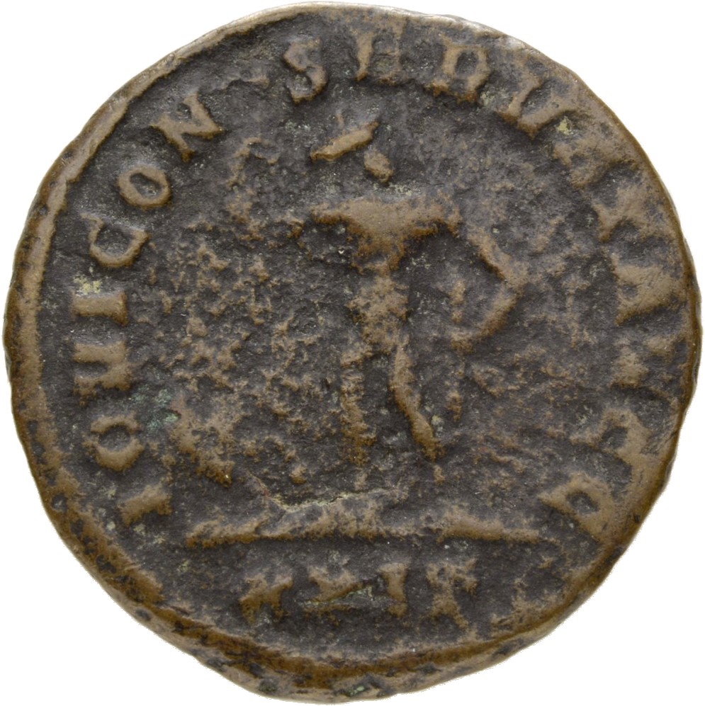RIC V Diocletian 166 Maximian reverse, Jupiter, nude, standing front, head right, holding sceptre in right hand and thunde...