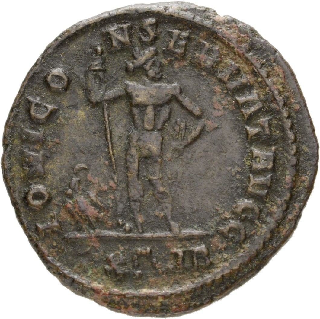 RIC V Diocletian 166 Maximian reverse — Jupiter, nude, standing front, head right, holding sceptre in right hand and thund...