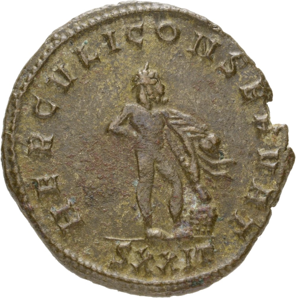 RIC V Diocletian 215 Maximian reverse, Hercules, standing right, leaning on club with lion's skin on rock