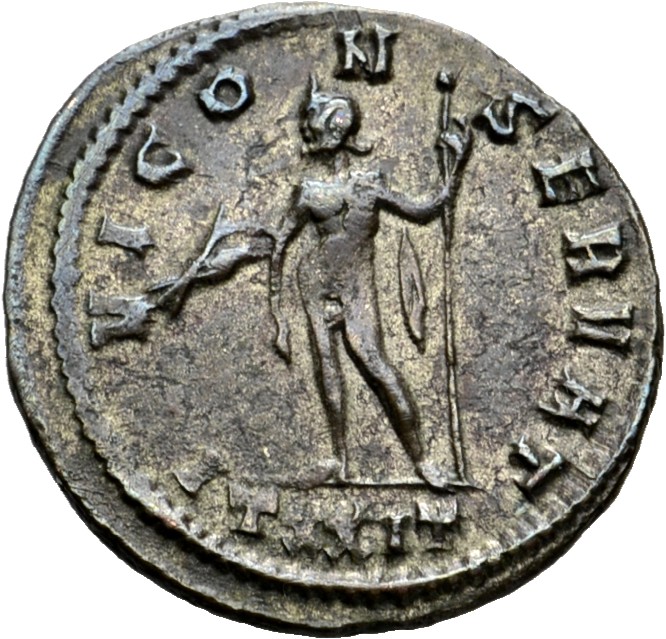 RIC V Diocletian 222 Maximian reverse — Jupiter, standing left, holding thunderbolt in right hand and sceptre in left hand...
