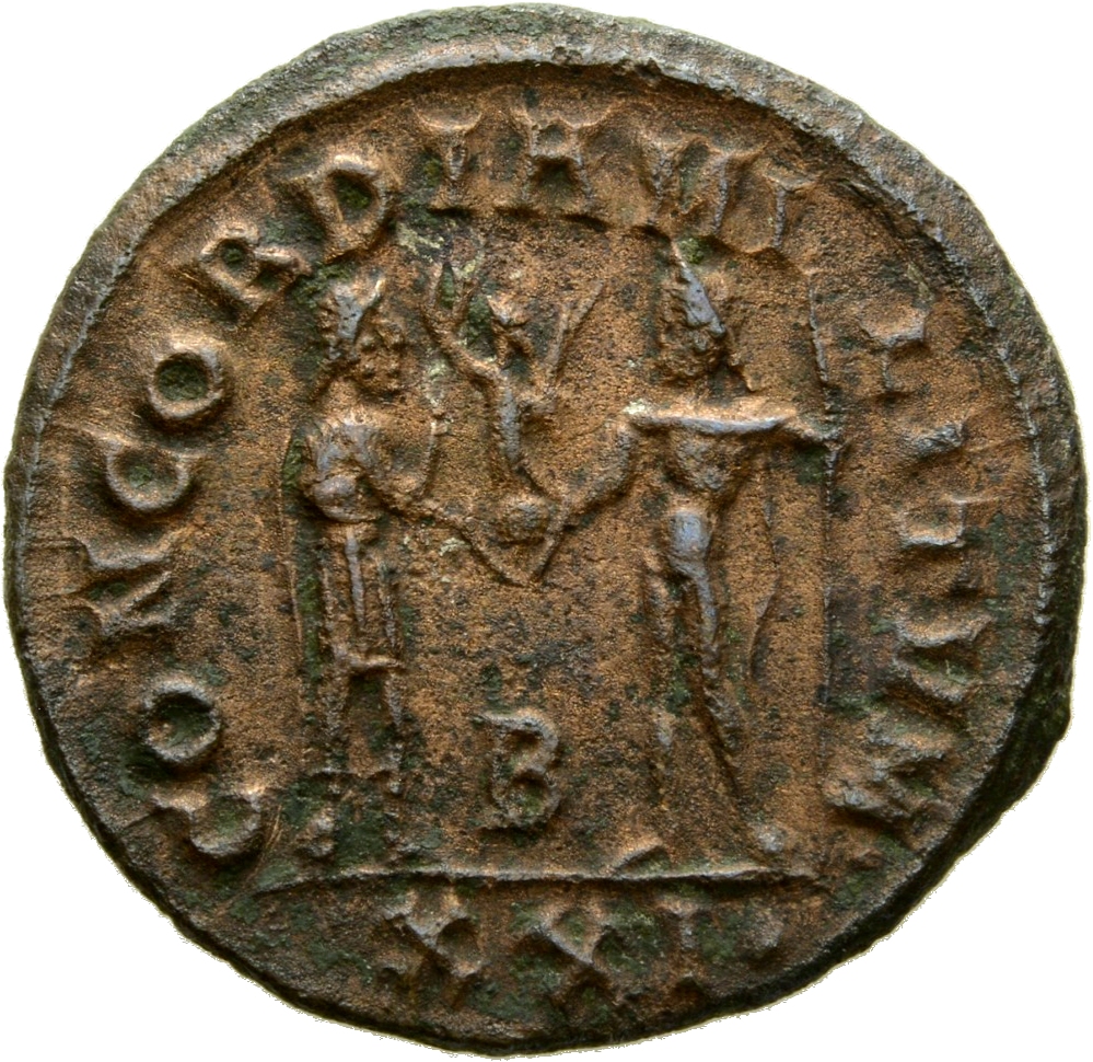 RIC V Diocletian 256 Maximian reverse, Diocletian, draped, cuirassed, standing right, holding sceptre in right hand and re...