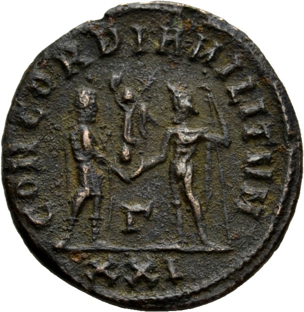 RIC V Diocletian 256 Maximian reverse — Diocletian, draped, cuirassed, standing right, holding sceptre in right hand and r...