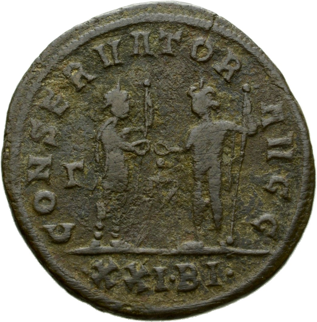 RIC V Diocletian 263 Maximian reverse, Diocletian, draped, standing right, and Jupiter, standing left, each holding sceptr...