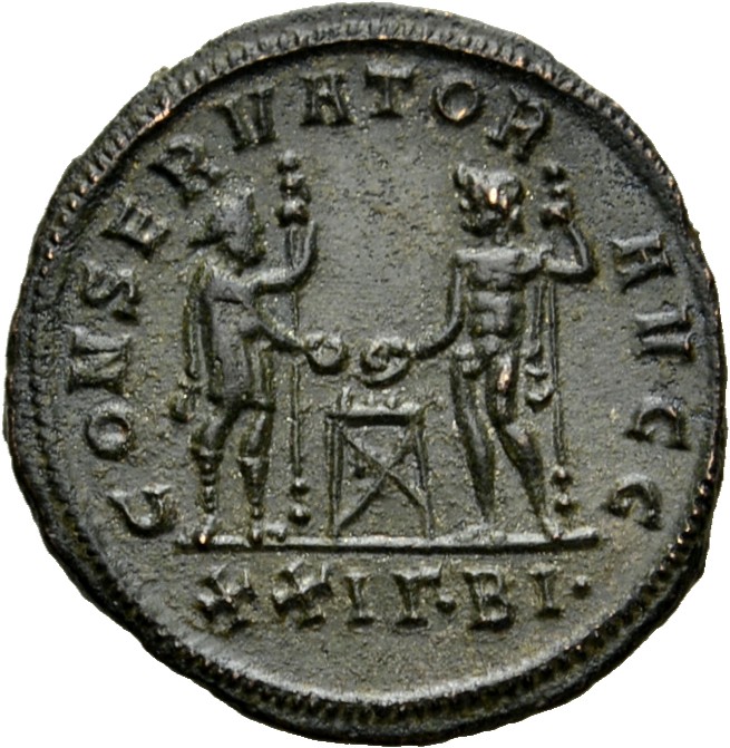RIC V Diocletian 263 Maximian reverse — Diocletian, draped, standing right, and Jupiter, standing left, each holding scept...