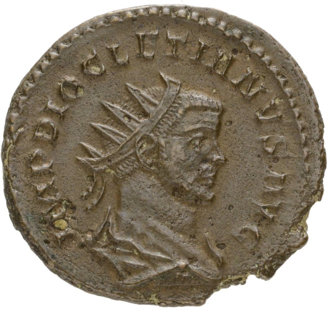 RIC V Diocletian 28 Maximian obverse, Bust of Diocletian, radiate, wearing imperial mantle, left, holding globe in right h...