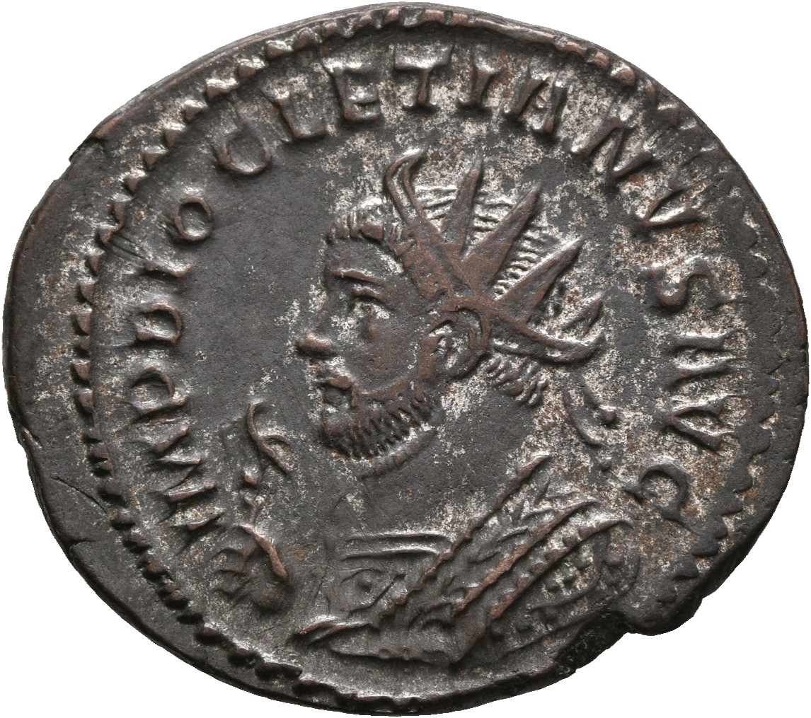 RIC V Diocletian 28 Maximian obverse — Bust of Diocletian, radiate, wearing imperial mantle, left, holding globe in right ...