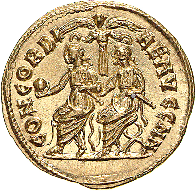 RIC V Diocletian 313 Diocletian reverse, Diocletian and Maximian, draped, cuirassed, seated left, each holding globe and p...