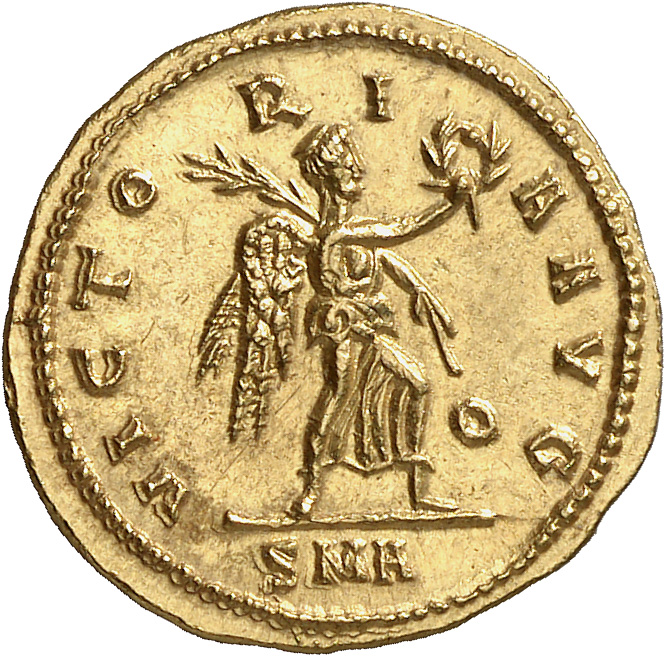 RIC V Diocletian 320 Diocletian reverse, Victory, winged, draped, walking right, holding wreath in right hand and palm in ...