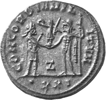 RIC V Diocletian 322 Diocletian reverse, Diocletian, draped, cuirassed, standing right, holding parazonium in right hand a...