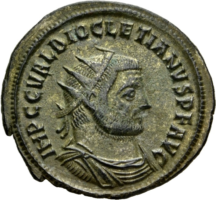 RIC V Diocletian 323 Diocletian obverse — Bust of Diocletian, radiate, draped, right, or bust of Diocletian, radiate, drap...