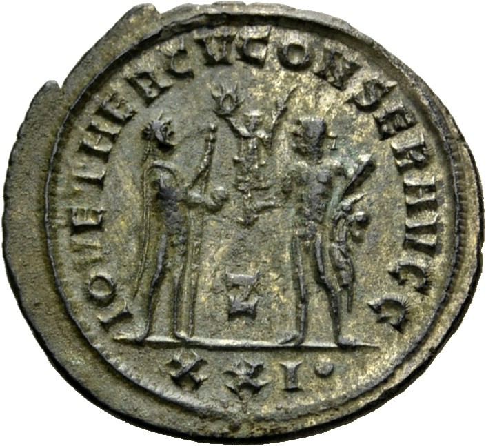 RIC V Diocletian 323 Diocletian reverse — Jupiter, standing right, holding globe in right hand and sceptre in left hand, a...