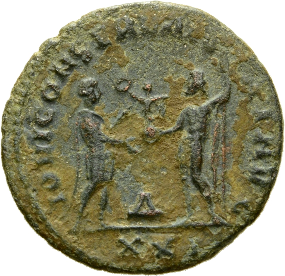 RIC V Diocletian 324 Diocletian reverse — Diocletian, draped, cuirassed, standing right, holding parazonium in right hand ...