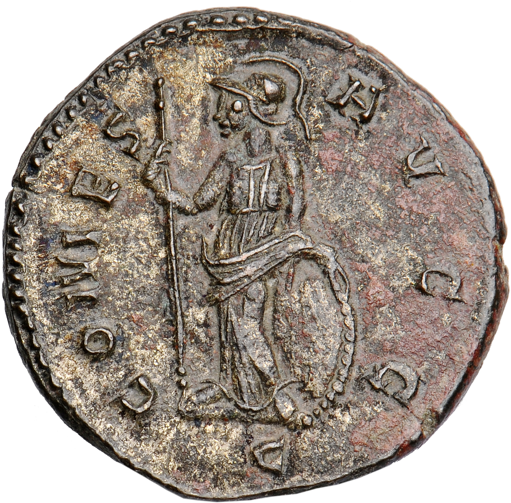 RIC V Diocletian 353 Maximian reverse, Minerva, helmeted, draped, standing left, holding spear in right hand and leaning o...