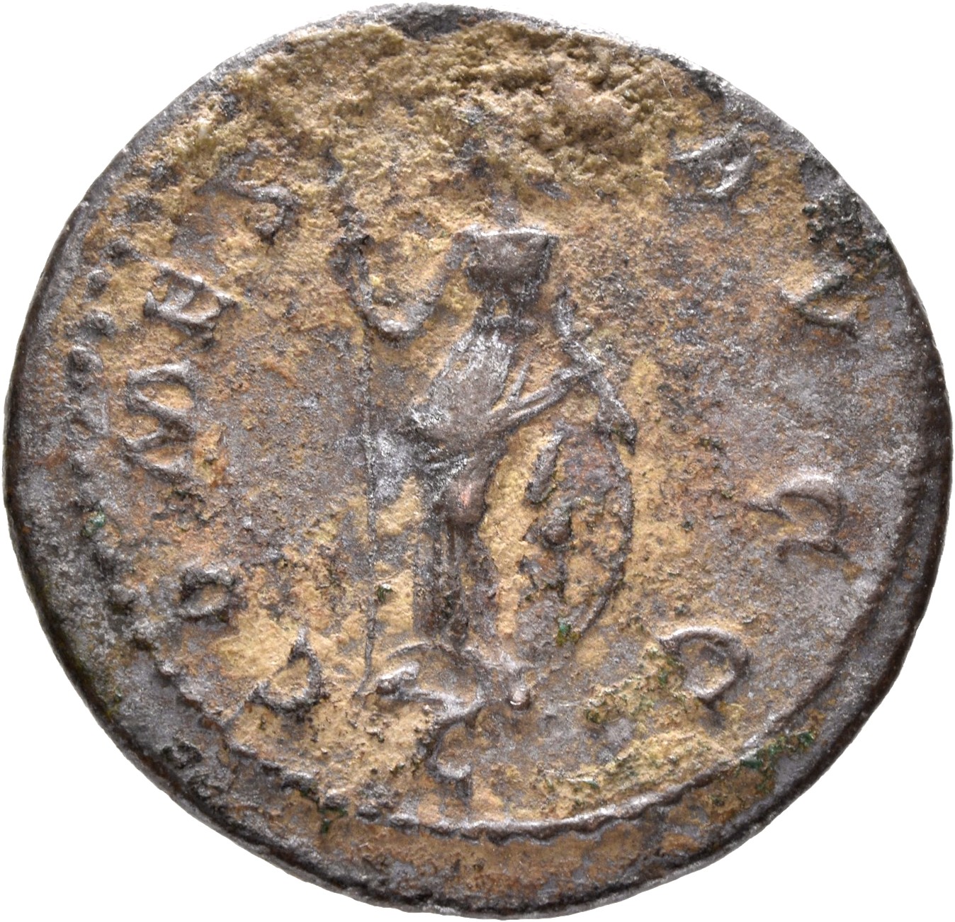 RIC V Diocletian 353 Maximian reverse — Minerva, helmeted, draped, standing left, holding spear in right hand and leaning ...