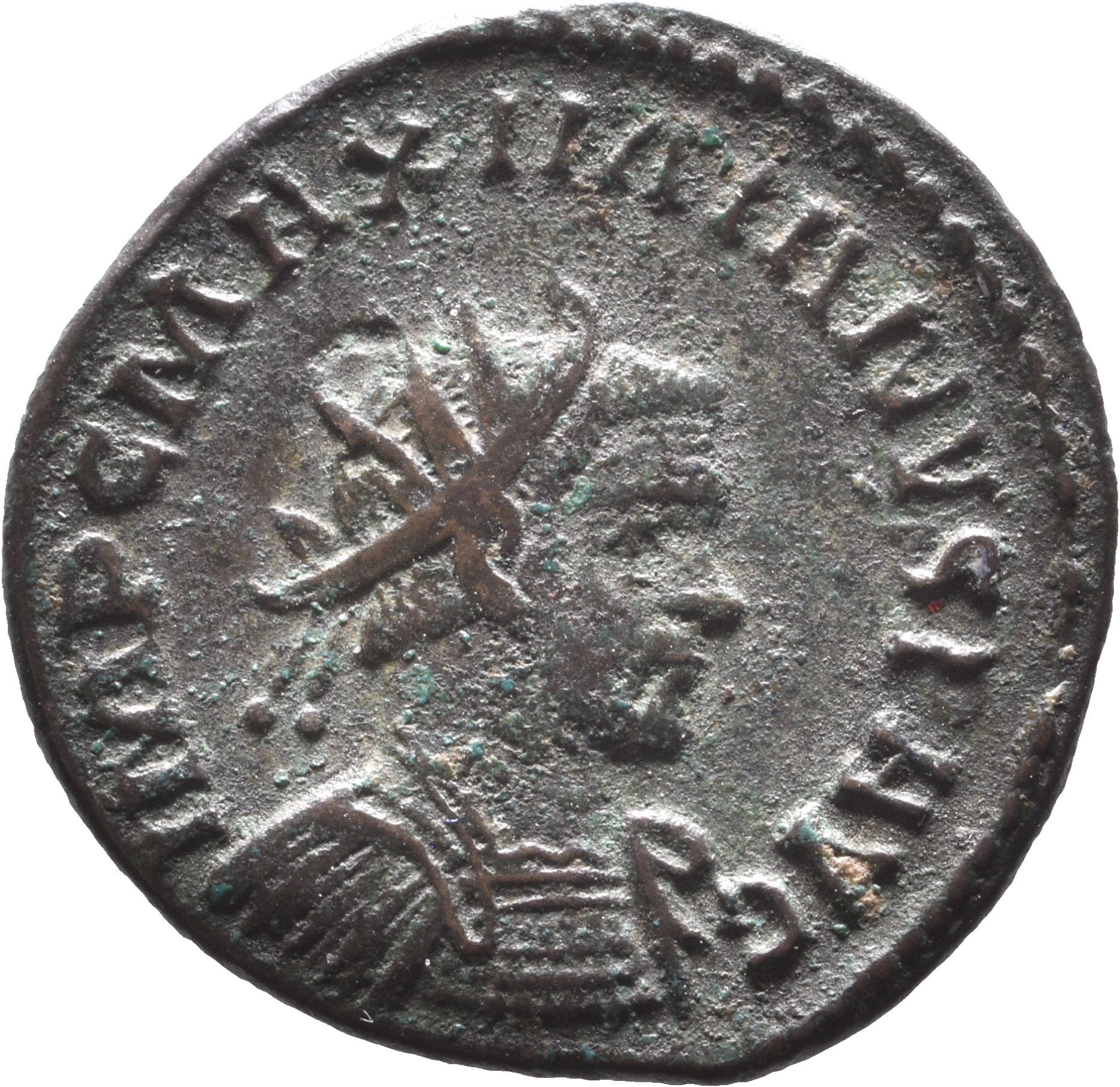RIC V Diocletian 369 Maximian obverse, Bust of Maximian, radiate, draped, right, or bust of Maximian, radiate, cuirassed, ...