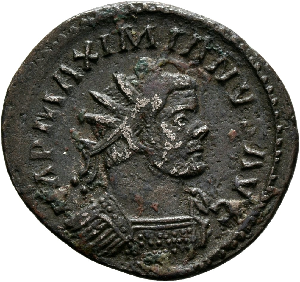RIC V Diocletian 399 Maximian obverse, Bust of Maximian, radiate, draped, right, or bust of Maximian, radiate, draped, cui...