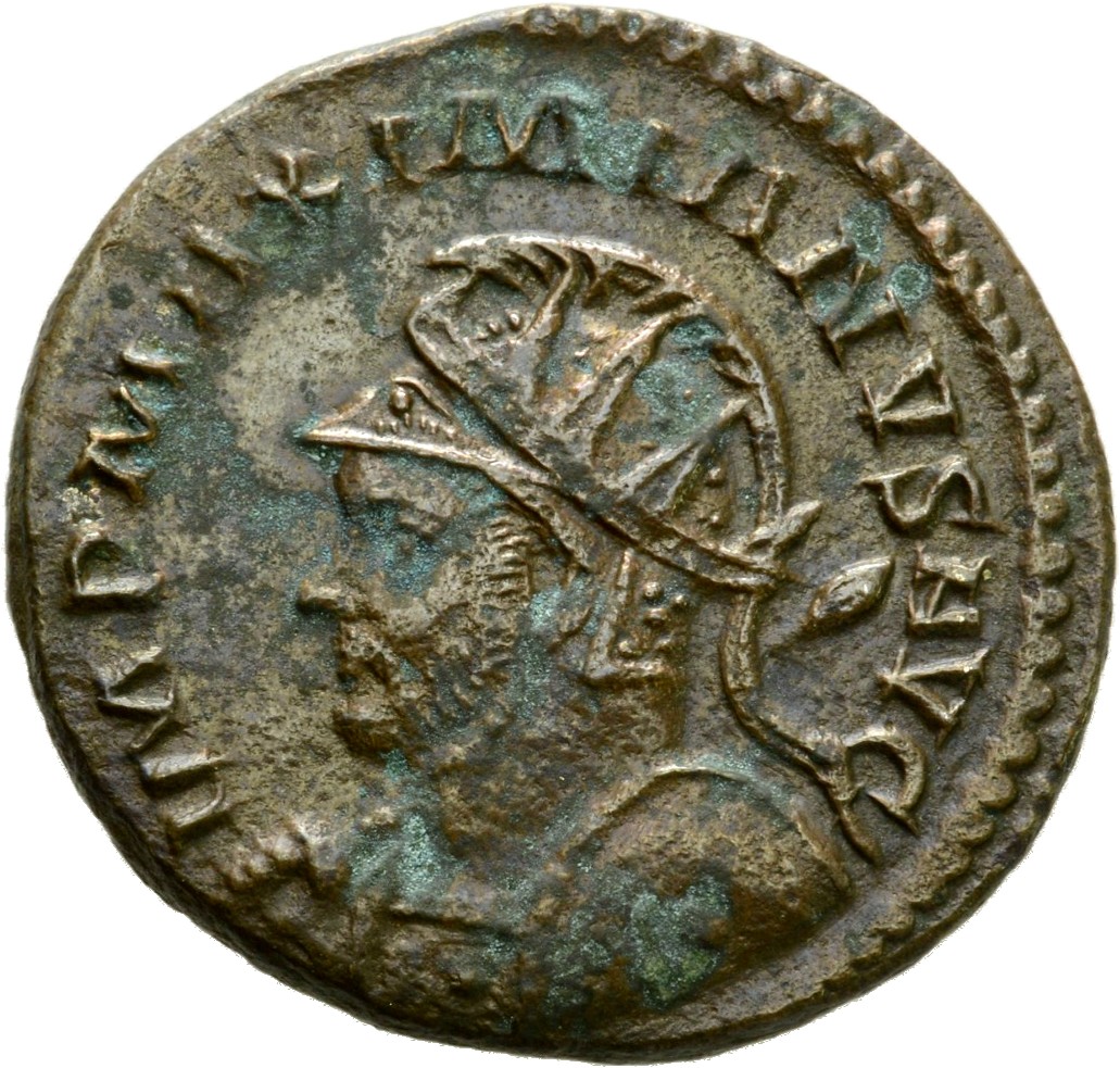 RIC V Diocletian 404 Maximian obverse, Bust of Maximian, radiate, sometimes helmeted, cuirassed, right, or bust of Maximia...