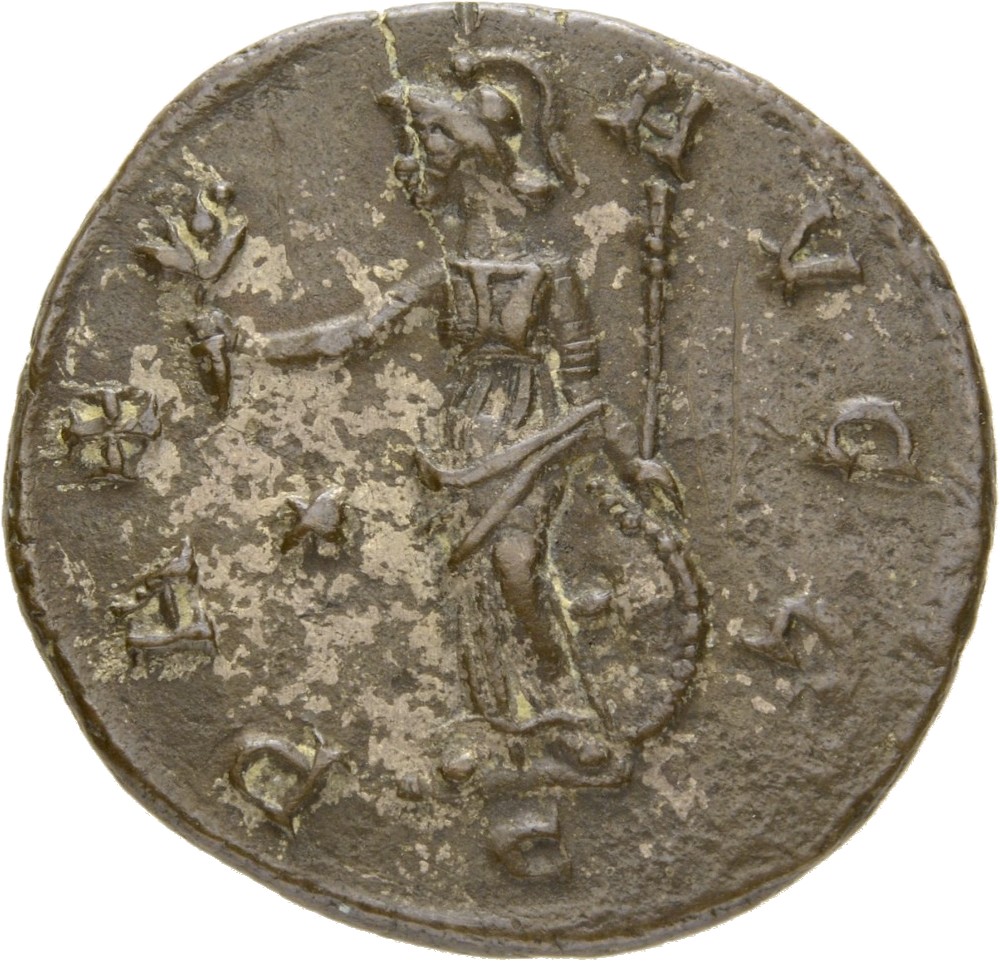 RIC V Diocletian 404 Maximian reverse, Minerva, helmeted, draped, standing left, holding olive-branch in right hand and sp...