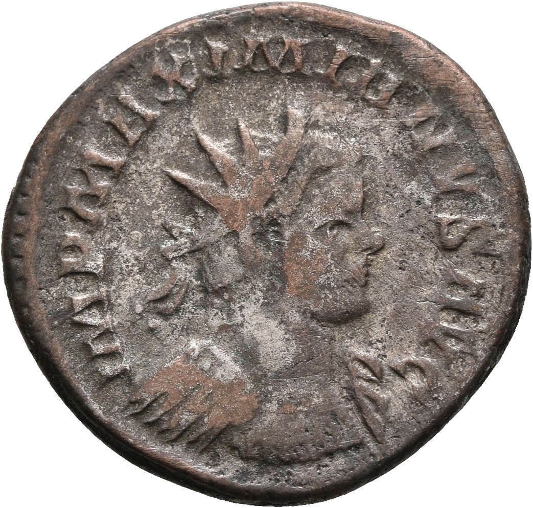 RIC V Diocletian 407 Maximian obverse, Bust of Maximian, radiate, draped, right, or bust of Maximian, radiate, draped, cui...