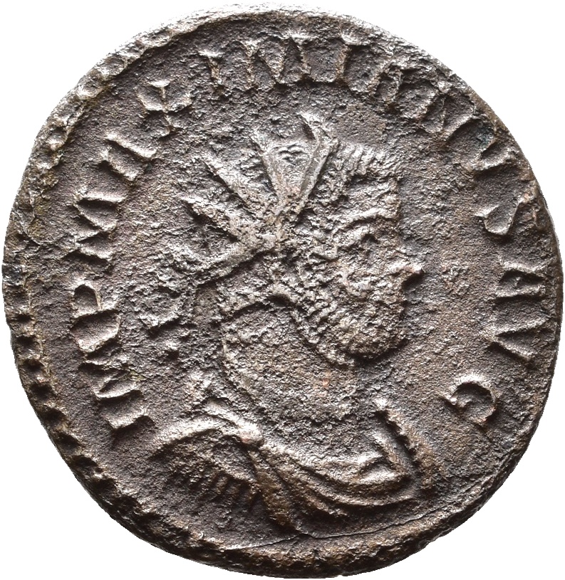 RIC V Diocletian 407 Maximian obverse, Bust of Maximian, radiate, draped, right, or bust of Maximian, radiate, draped, cui...