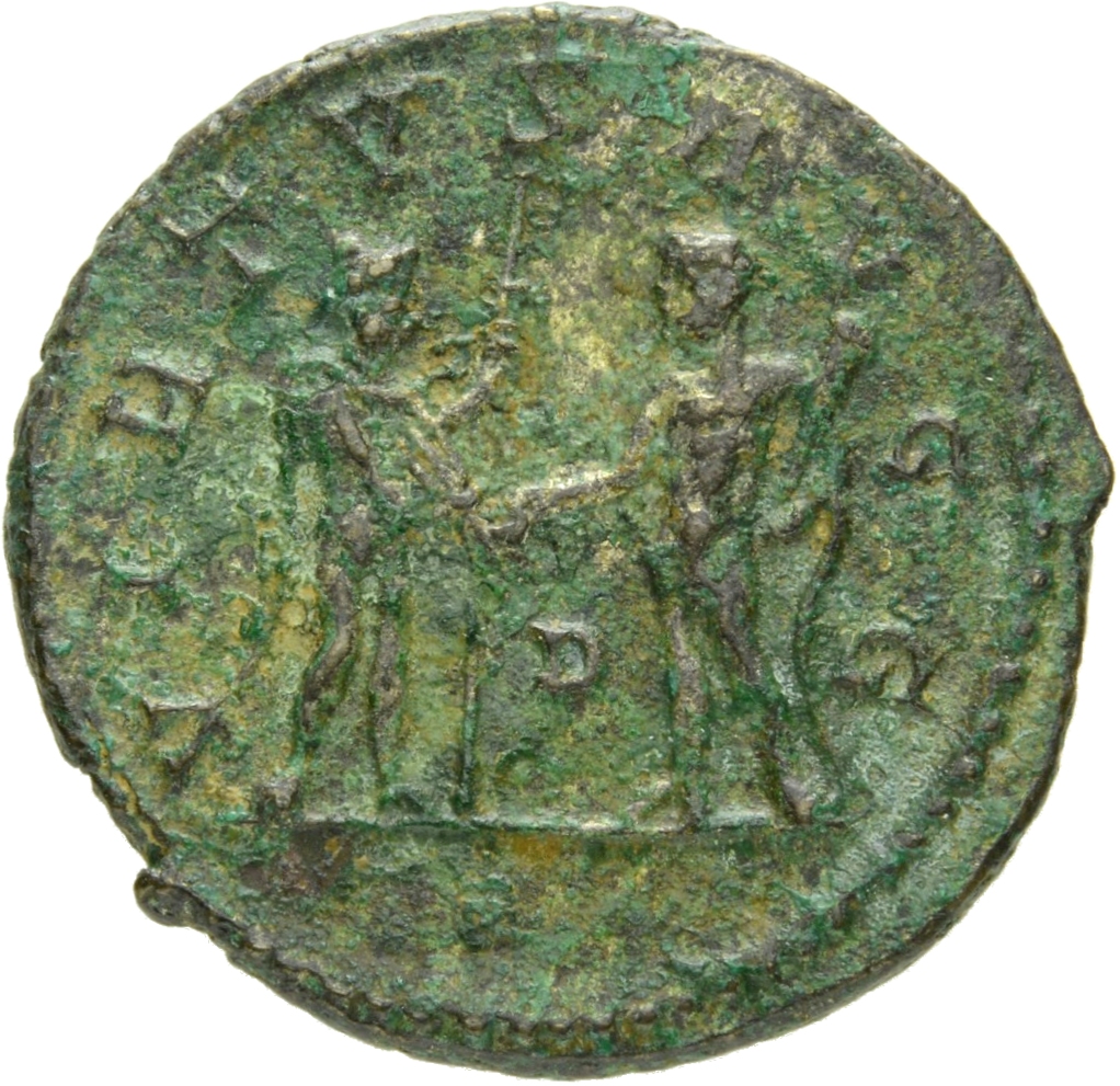 RIC V Diocletian 432 Maximian reverse, Jupiter, standing right, holding sceptre in right hand and clasping hand of Hercule...
