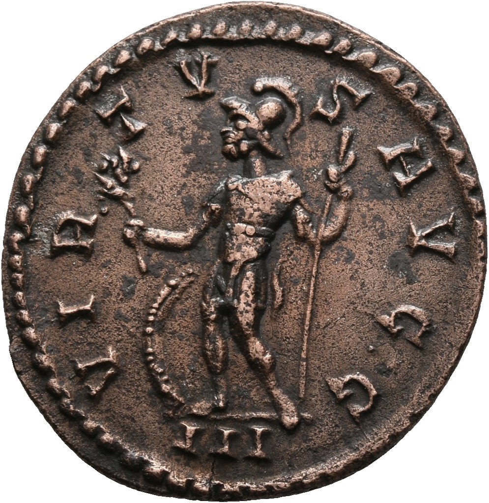 RIC V Diocletian 447 Maximian reverse, soldier, draped, cuirassed, standing left, holding olive-branch in right hand and s...