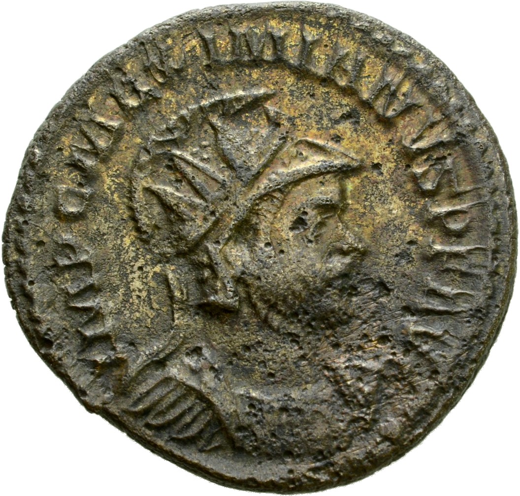 RIC V Diocletian 454 Maximian obverse, Bust of Maximian, radiate, draped, right, or bust of Maximian, radiate, draped, cui...