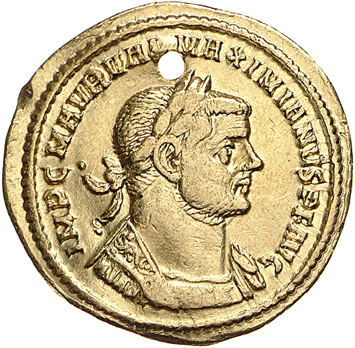 RIC V Diocletian 492 Maximian obverse, Bust of Maximian, laureate, draped, cuirassed, right, or bust of Maximian, laureate...