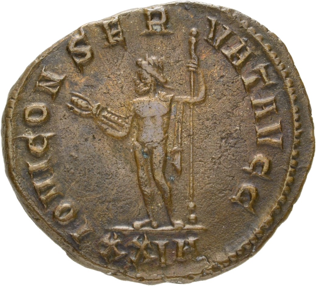 RIC V Diocletian 502 Maximian reverse, Hercules, standing left, holding olive-branch in right hand and club sometimes with...