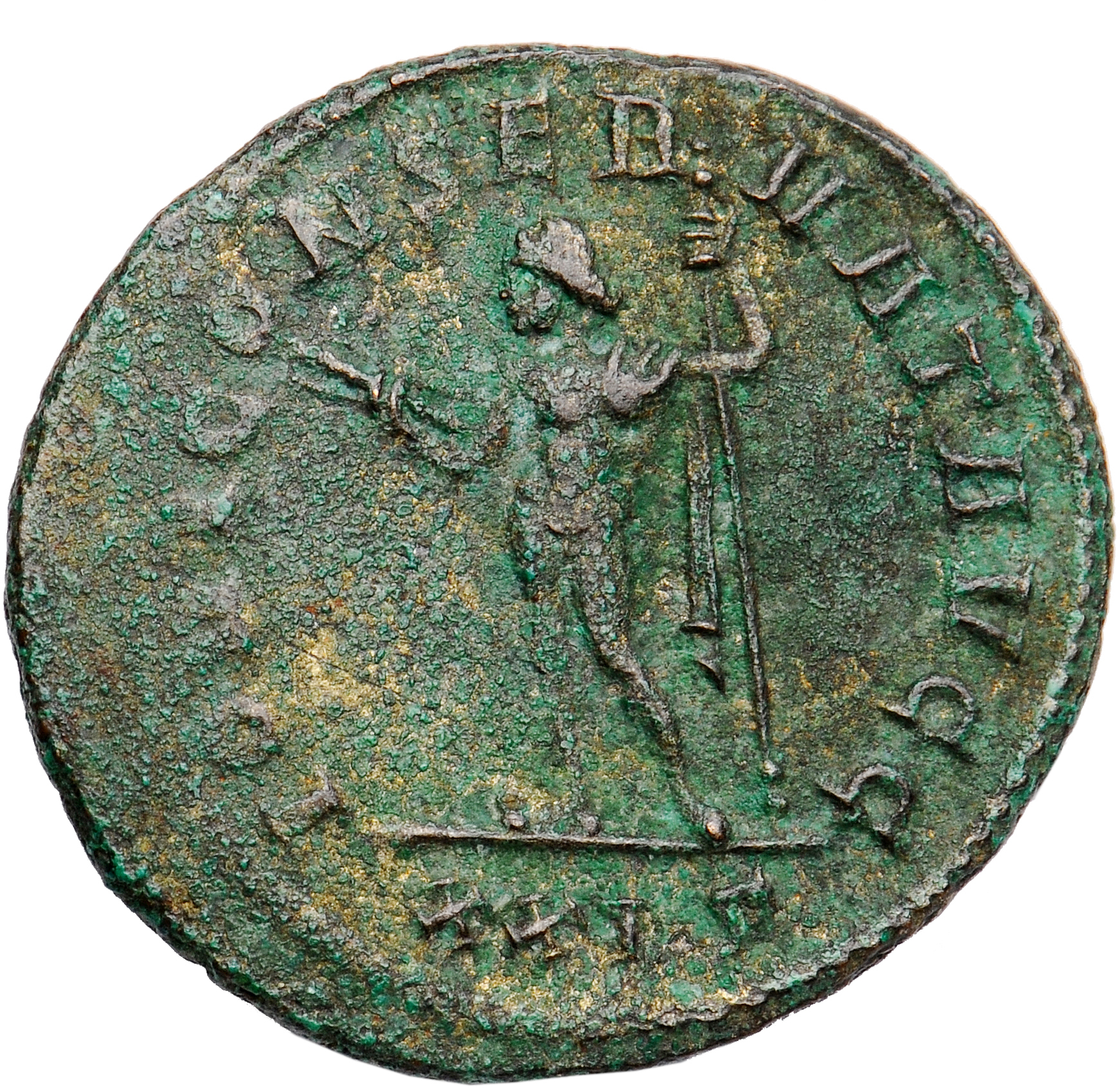 RIC V Diocletian 506 Maximian reverse, Jupiter, standing left, holding thunderbolt in right hand and sceptre in left hand;...