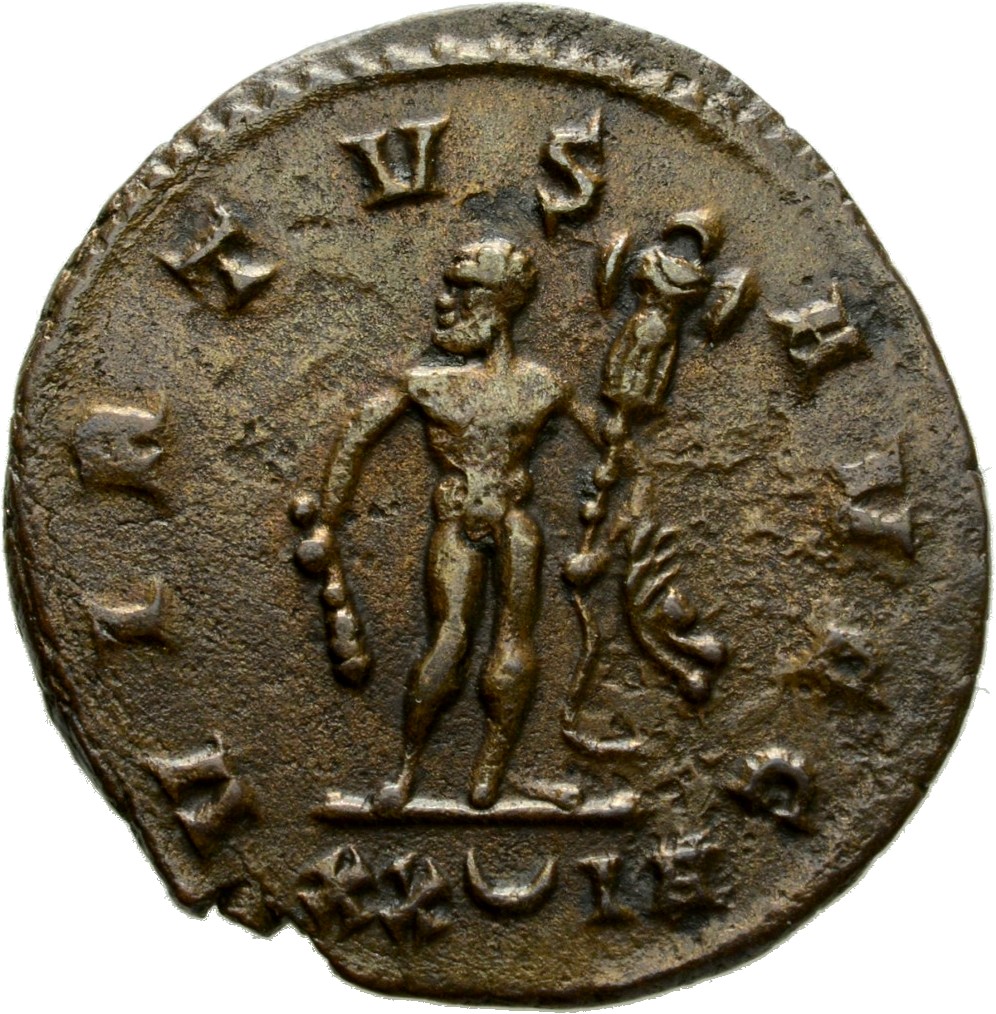 RIC V Diocletian 515 Maximian reverse, Hercules, standing front, head left, or walking left, holding club in right hand an...