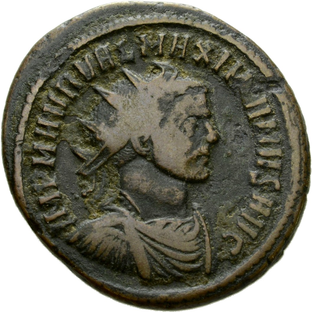 RIC V Diocletian 547 Maximian obverse, Bust of Maximian, radiate, draped, right, or bust of Maximian, radiate, draped, cui...