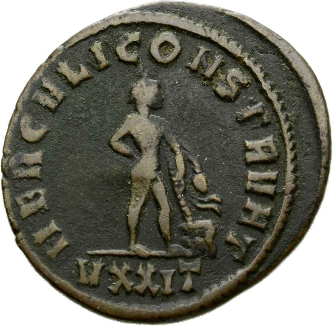 RIC V Diocletian 547 Maximian reverse, Hercules, standing right, leaning on club with lion's skin on rock