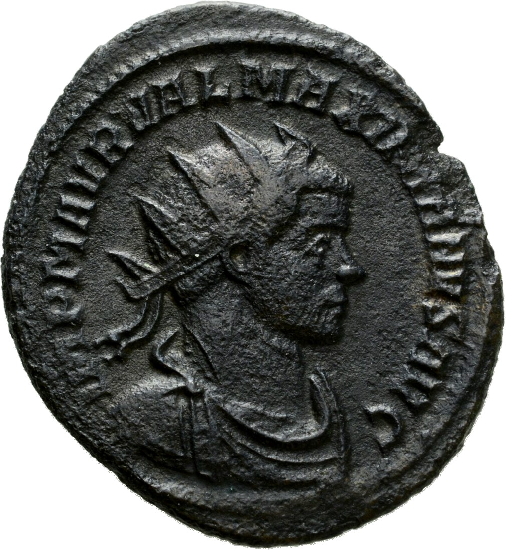 RIC V Diocletian 547 Maximian obverse — Bust of Maximian, radiate, draped, right, or bust of Maximian, radiate, draped, cu...