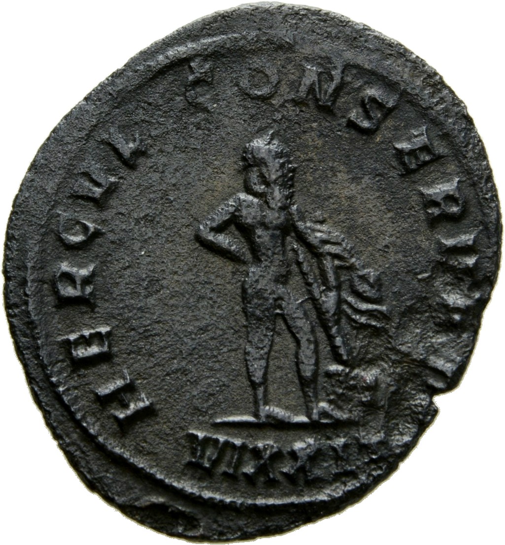 RIC V Diocletian 547 Maximian reverse — Hercules, standing right, leaning on club with lion's skin on rock