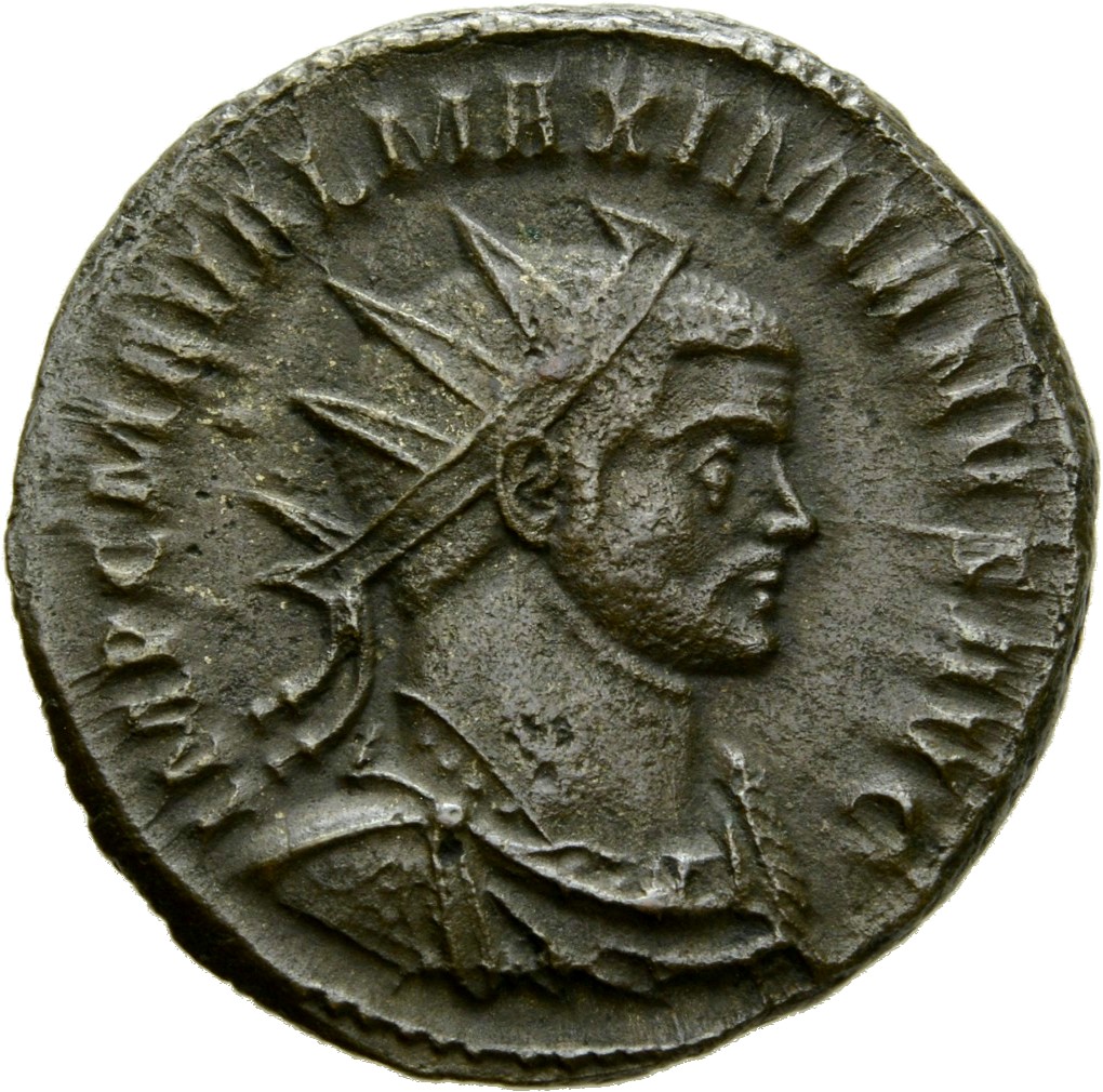 RIC V Diocletian 559 Maximian obverse, Bust of Maximian, radiate, draped, cuirassed, right, or bust of Maximian, radiate, ...
