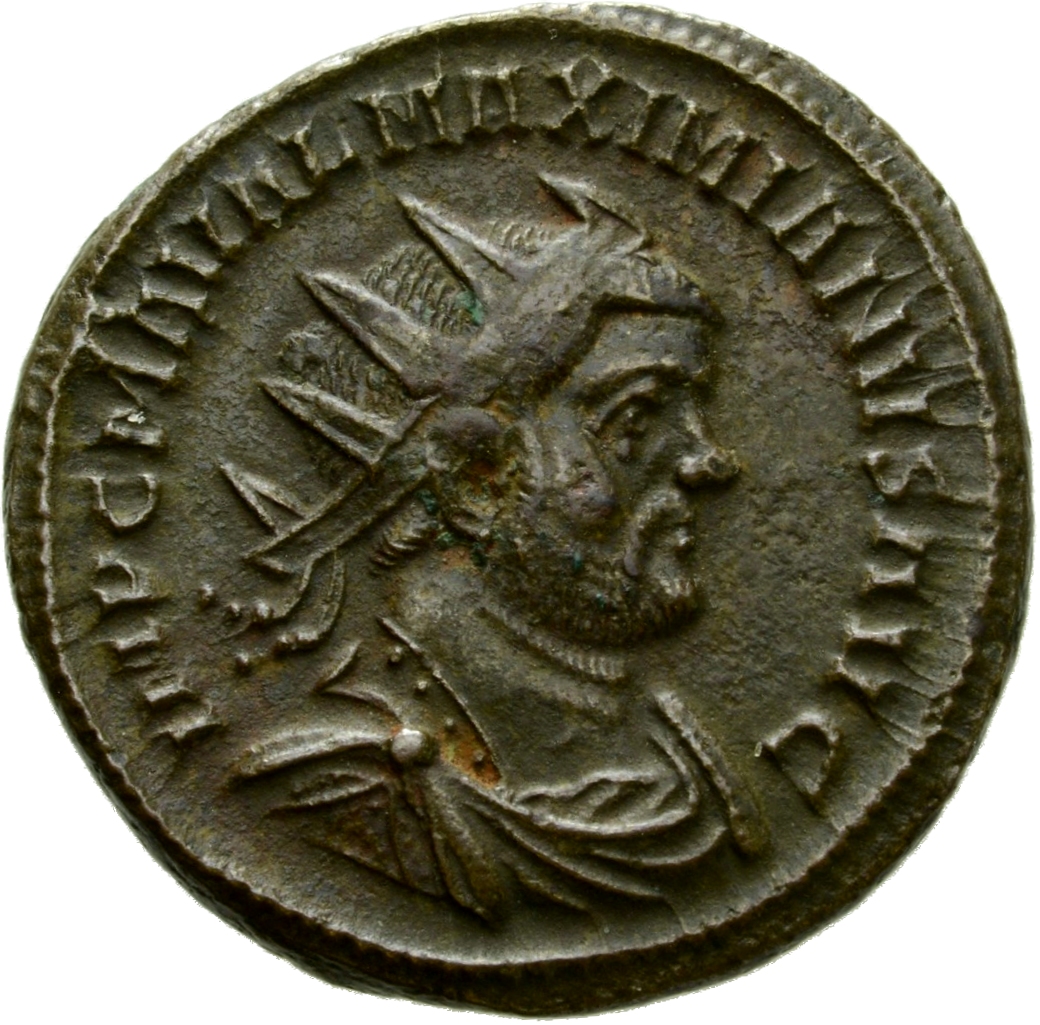 RIC V Diocletian 559 Maximian obverse — Bust of Maximian, radiate, draped, cuirassed, right, or bust of Maximian, radiate,...